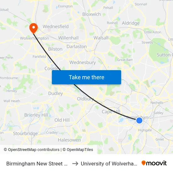 Birmingham New Street Station to University of Wolverhampton map