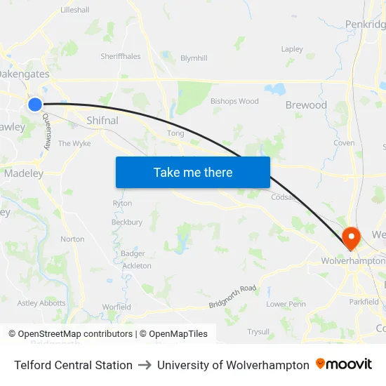 Telford Central Station to University of Wolverhampton map