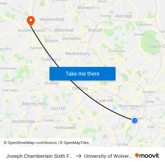 Joseph Chamberlain Sixth Form College, Balsall Heath Road Balsall Heath Birmingham B12 9 to University of Wolverhampton map