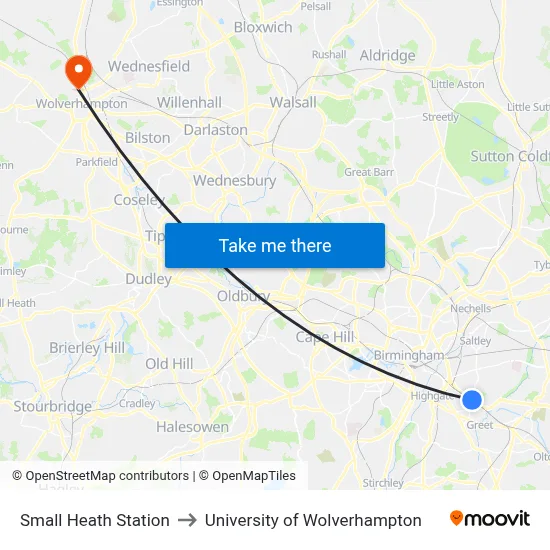 Small Heath Station to University of Wolverhampton map