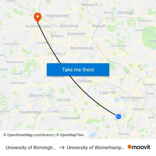 University of Birmingham to University of Wolverhampton map