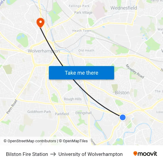 Bilston Fire Station to University of Wolverhampton map