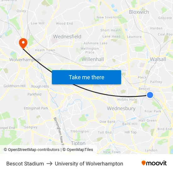 Bescot Stadium to University of Wolverhampton map