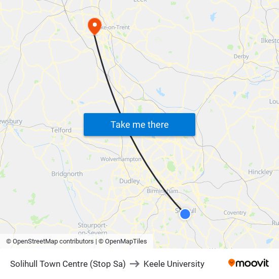 Solihull Town Centre (Stop Sa) to Keele University map