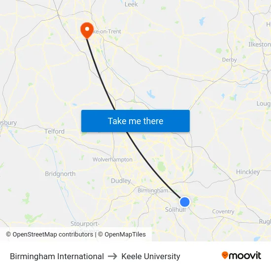 Birmingham International to Keele University map
