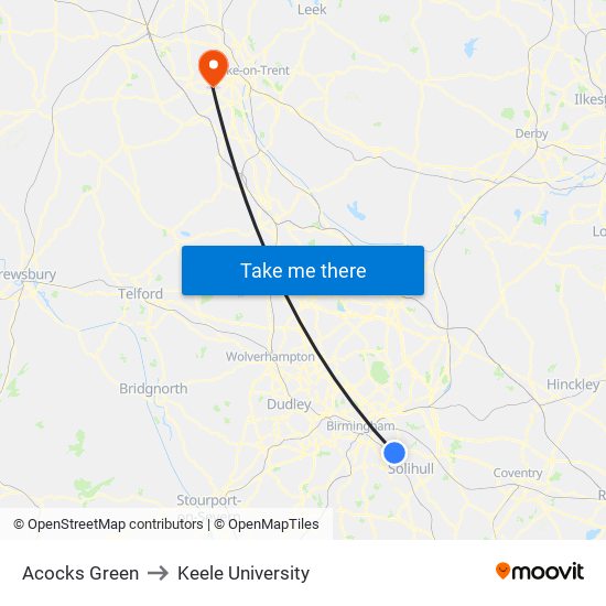 Acocks Green to Keele University map