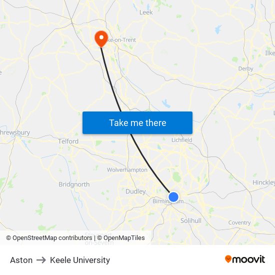 Aston to Keele University map