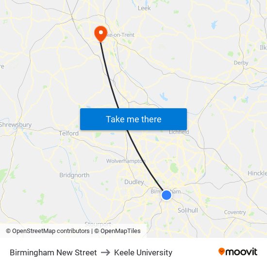Birmingham New Street to Keele University map