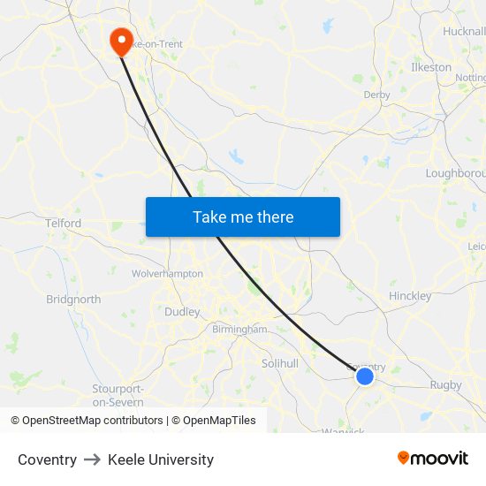 Coventry to Keele University map