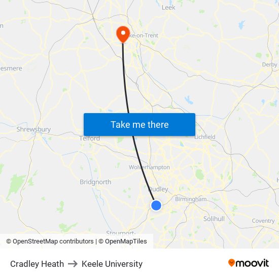 Cradley Heath to Keele University map