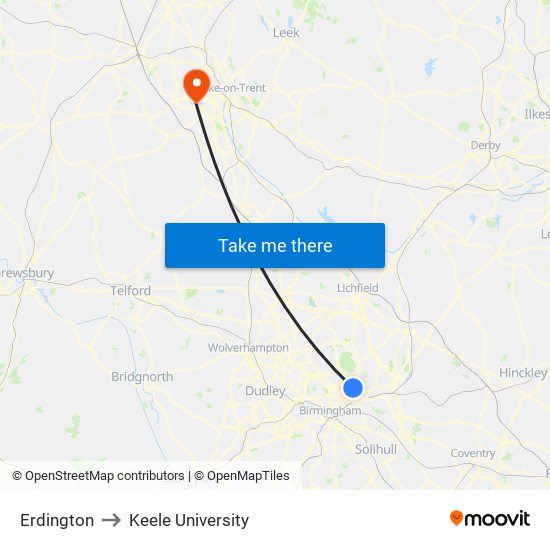 Erdington to Keele University map