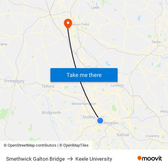 Smethwick Galton Bridge to Keele University map