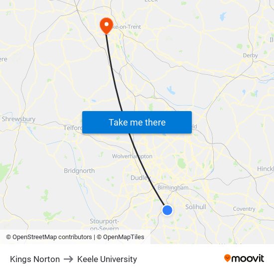 Kings Norton to Keele University map