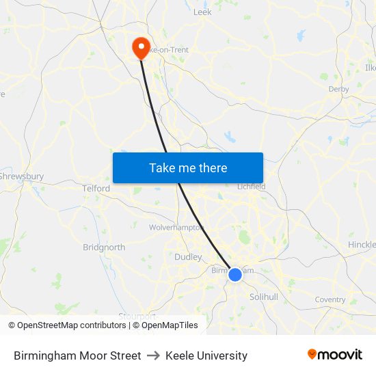 Birmingham Moor Street to Keele University map