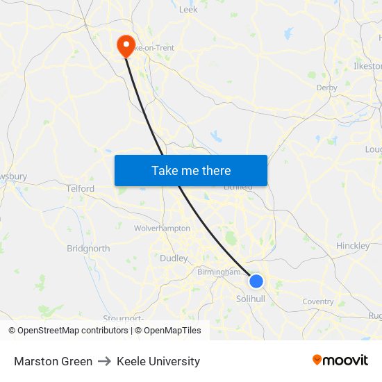 Marston Green to Keele University map