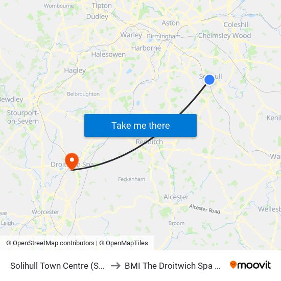 Solihull Town Centre (Stop Sb) to BMI The Droitwich Spa Hospital map