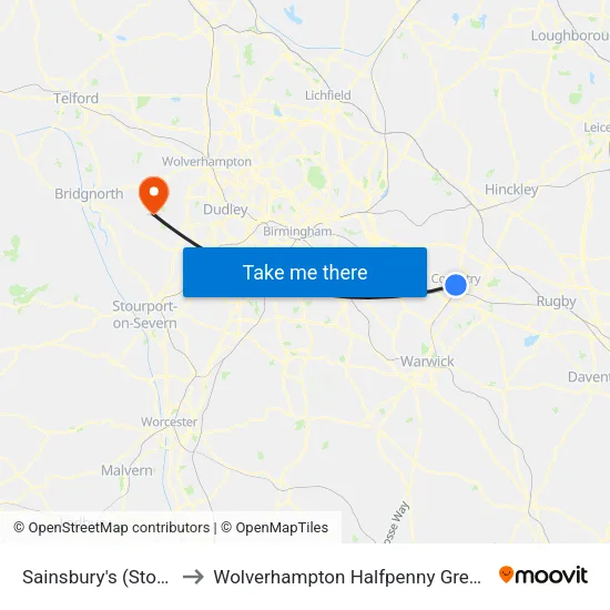 Sainsbury's to Wolverhampton Halfpenny Green Airport map