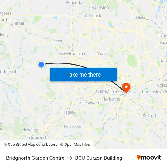 Bridgnorth Garden Centre to BCU Curzon Building map