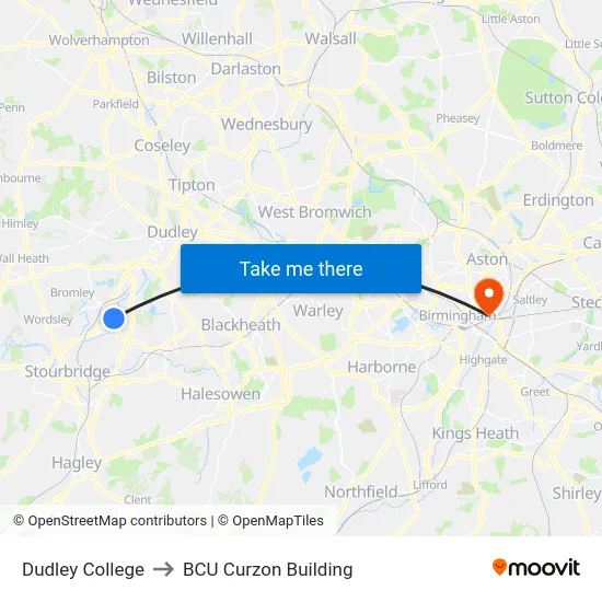 Dudley College to BCU Curzon Building map