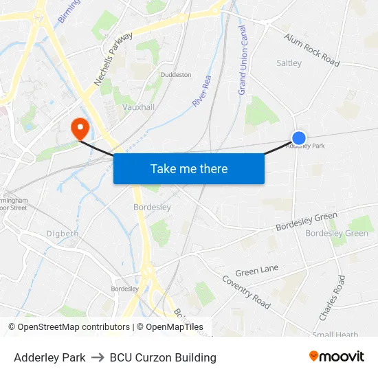Adderley Park to BCU Curzon Building map