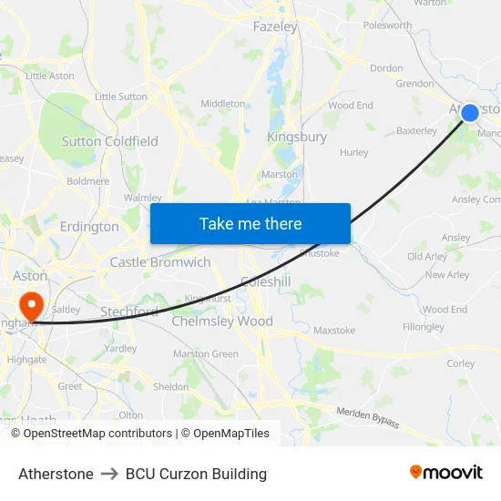 Atherstone to BCU Curzon Building map