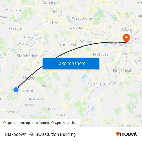 Blakedown to BCU Curzon Building map