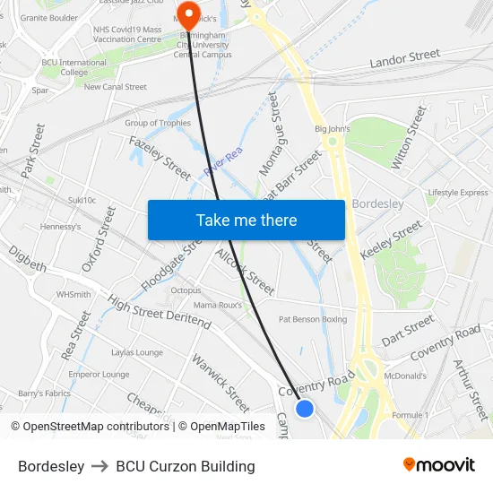 Bordesley to BCU Curzon Building map