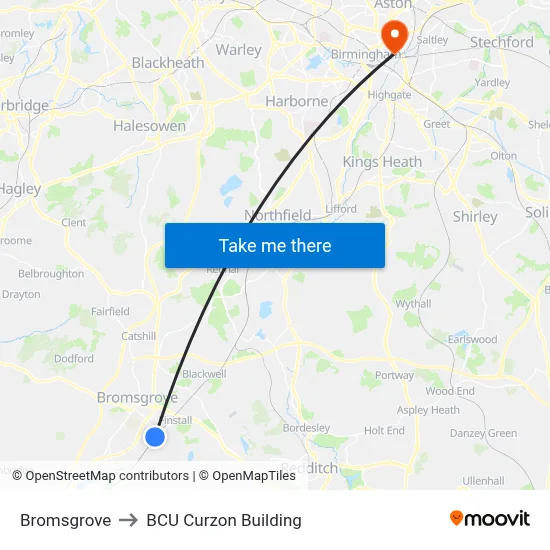 Bromsgrove to BCU Curzon Building map