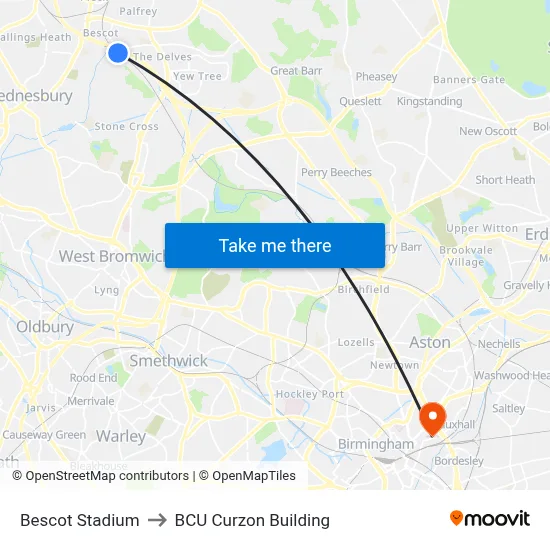 Bescot Stadium to BCU Curzon Building map