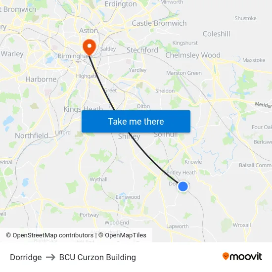 Dorridge to BCU Curzon Building map