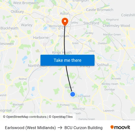 Earlswood (West Midlands) to BCU Curzon Building map