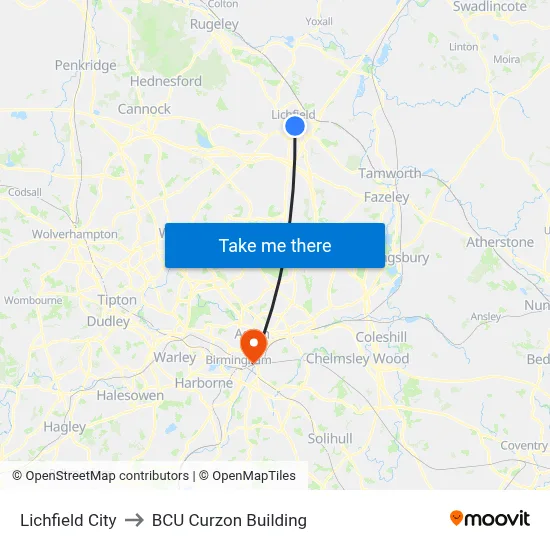 Lichfield City to BCU Curzon Building map
