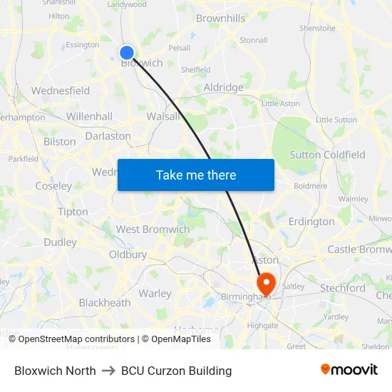 Bloxwich North to BCU Curzon Building map