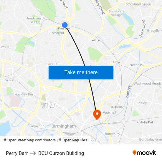 Perry Barr to BCU Curzon Building map