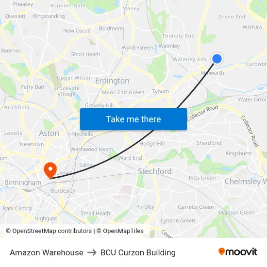 Amazon Warehouse to BCU Curzon Building map