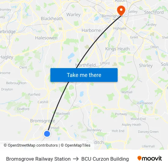 Bromsgrove Railway Station to BCU Curzon Building map