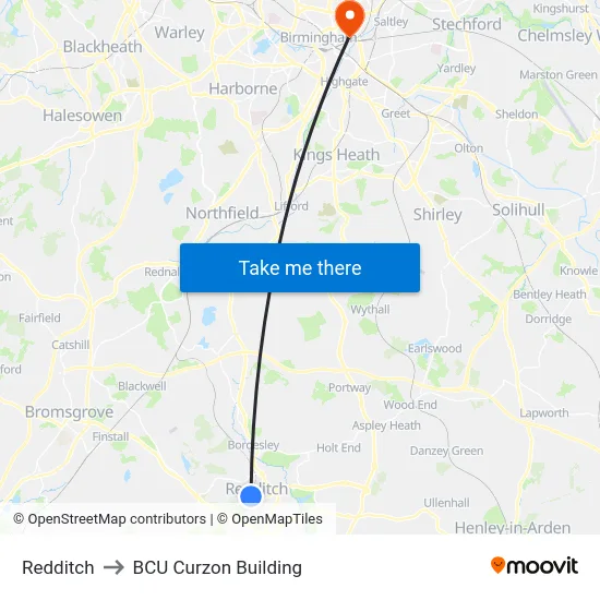 Redditch to BCU Curzon Building map