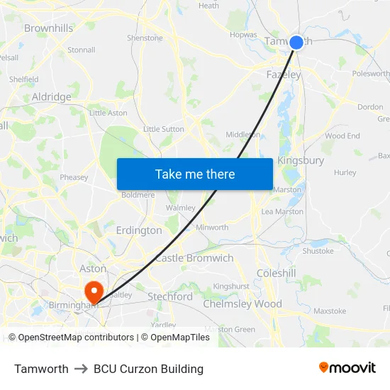 Tamworth to BCU Curzon Building map