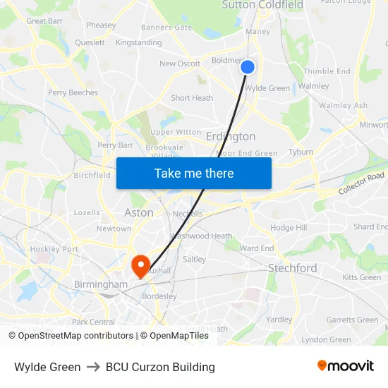 Wylde Green to BCU Curzon Building map