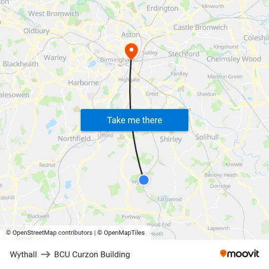 Wythall to BCU Curzon Building map
