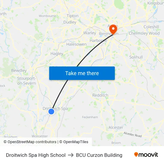 Droitwich Spa High School to BCU Curzon Building map