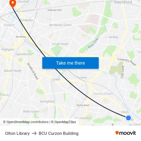 Olton Library to BCU Curzon Building map