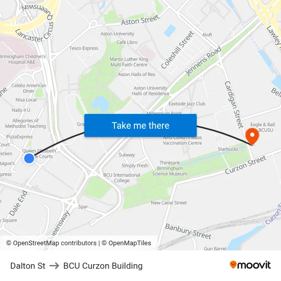 Dalton St to BCU Curzon Building map