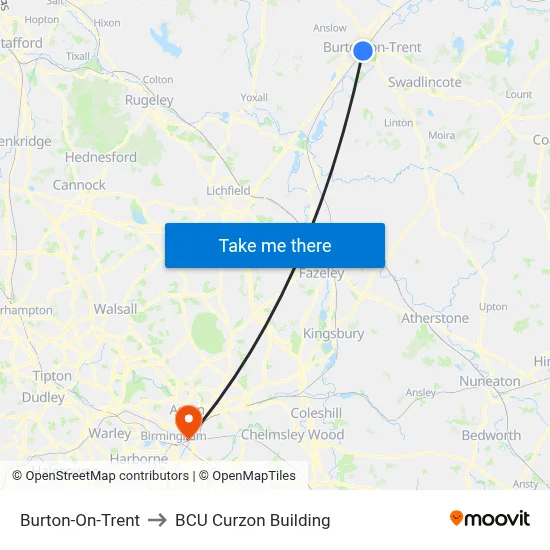 Burton-On-Trent to BCU Curzon Building map