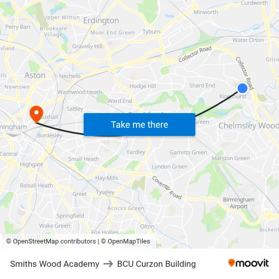 Smiths Wood Academy to BCU Curzon Building map