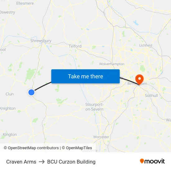 Craven Arms to BCU Curzon Building map