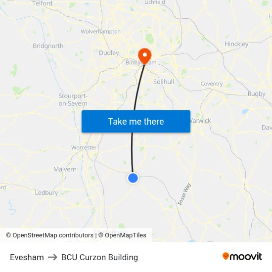 Evesham to BCU Curzon Building map