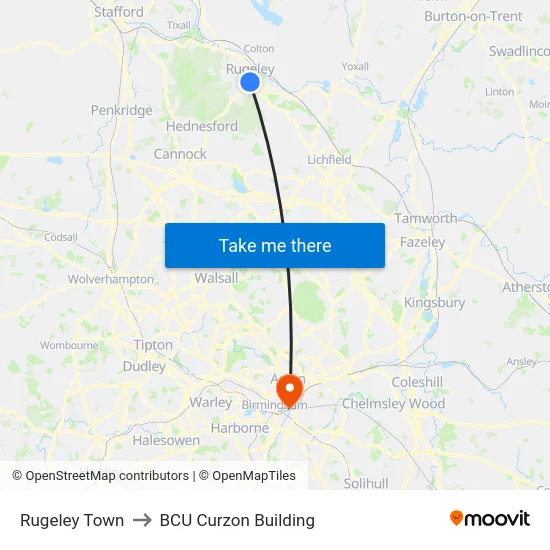 Rugeley Town to BCU Curzon Building map