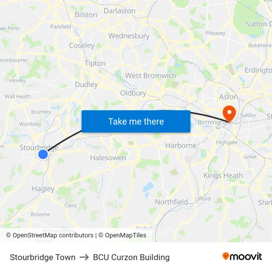Stourbridge Town to BCU Curzon Building map