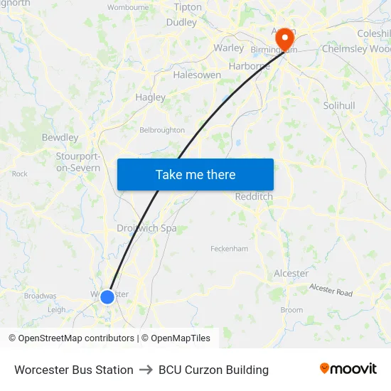 Worcester Bus Station to BCU Curzon Building map